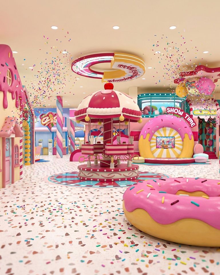 Candyville candy town with carousel and donut stage
